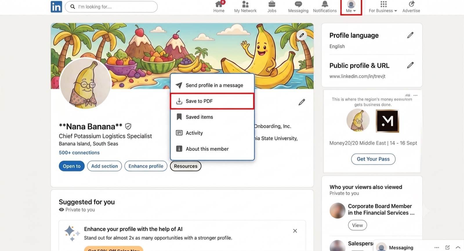 LinkedIn profile page on desktop with the Me menu, Resources button, and Save to PDF option highlighted in red